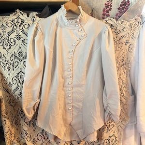 Victorian ruffled buttoned up neck medium-small blouse 3/4 sleeves